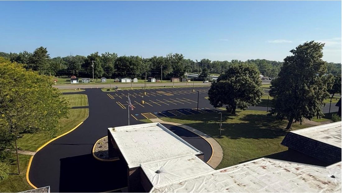 Aerial view of the resurfaced campus and new parking